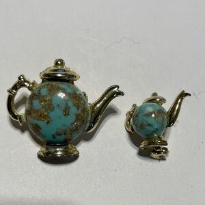 Elegant Gold and Turquoise Teapot Pin Set
